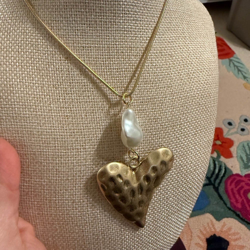 Gold‎ Heart Pendant Necklace with Pearl Accent and Matching Earrings